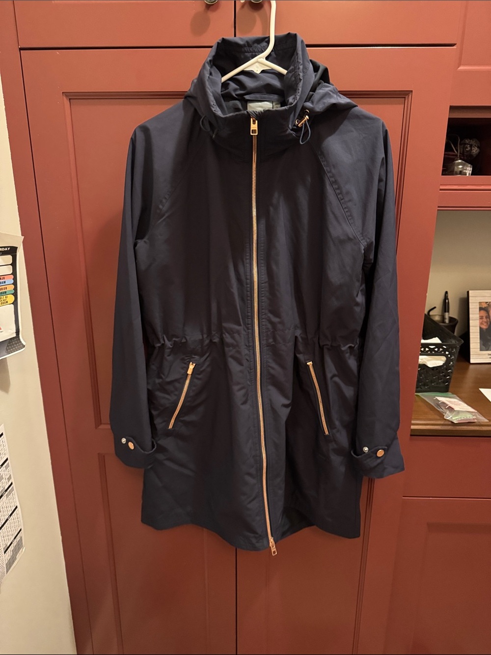 Athleta Navy Hooded Raincoat with Contrast Zippers